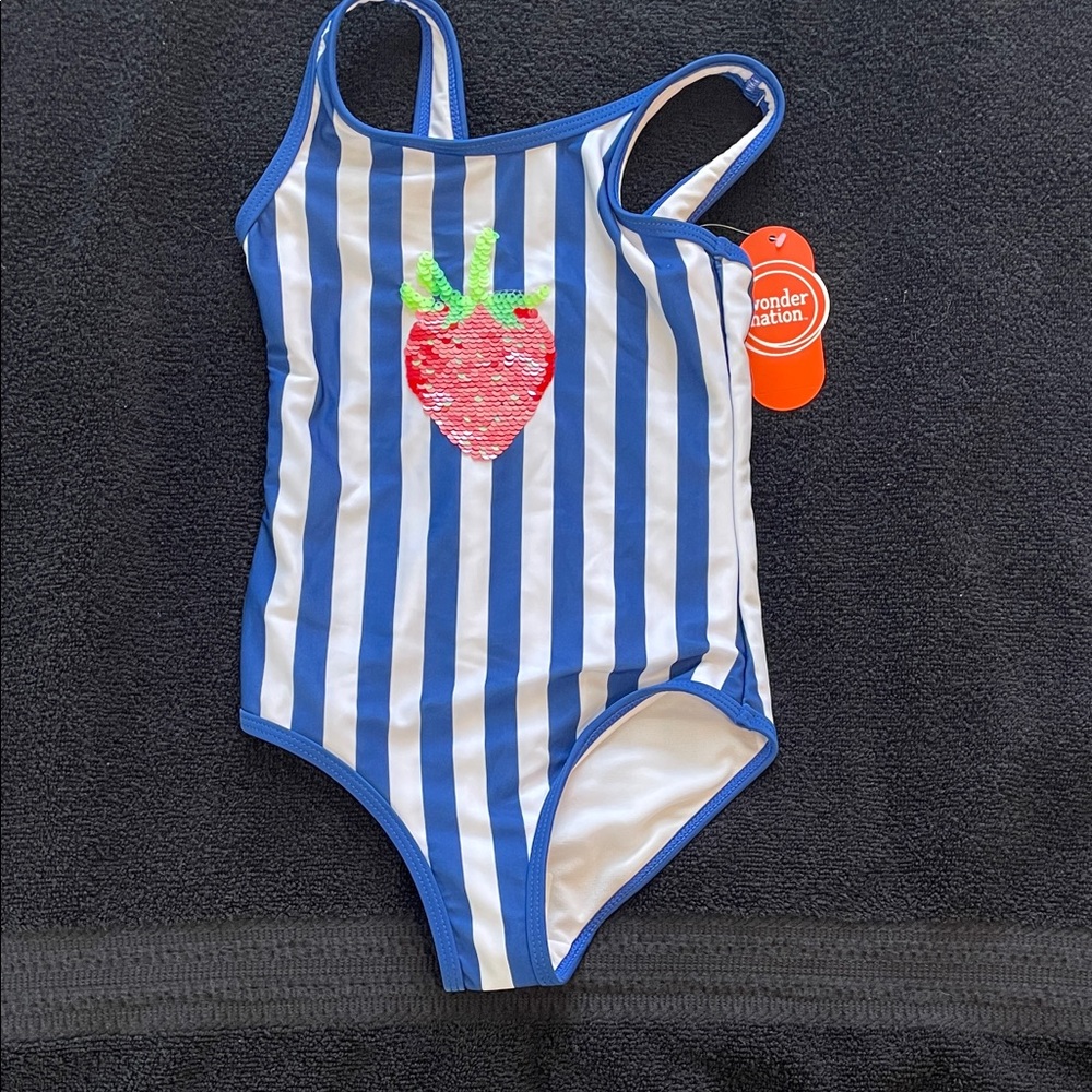 Wonder Nation Kids Swimsuit with Blue Stripes and Strawberry nwt